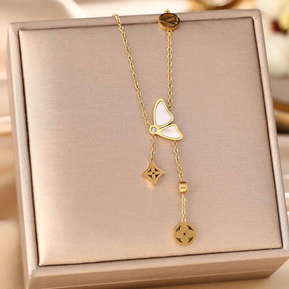 Korean Butterfly Tassel Luxury Diamond Titanium Steel Necklace - Women's Versatile Clavicle Jewelry