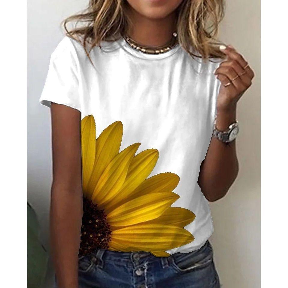 Women's Poppy Flower Print T-Shirt - Oil Painting Style Short Sleeve Casual Top