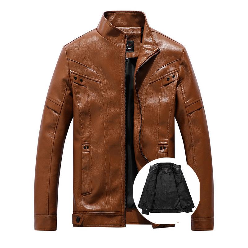 Men's Stand-Up Collar Business Casual Leather Jacket PU Men's Motorcycle Leather Jacket Men's American