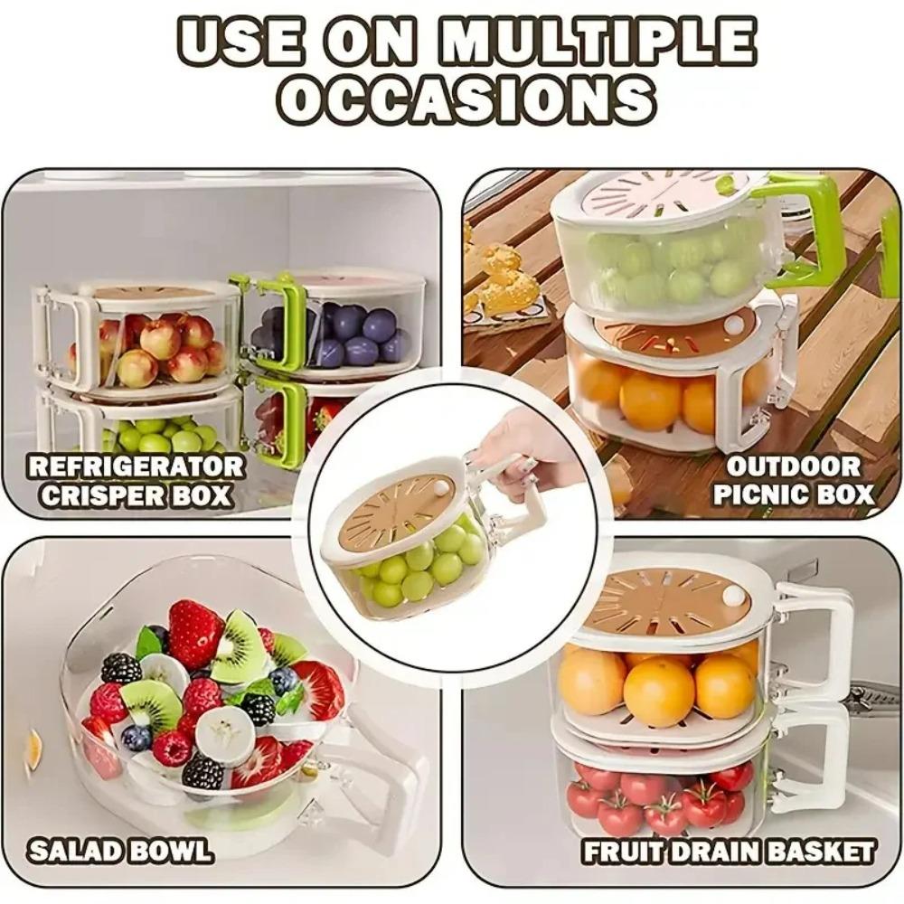 Kitchen Fridge Salad Container, 2in1 Double Layer Fruit Drainer Container with Foldable Handle, Fruit Washing Bowl with Strainer