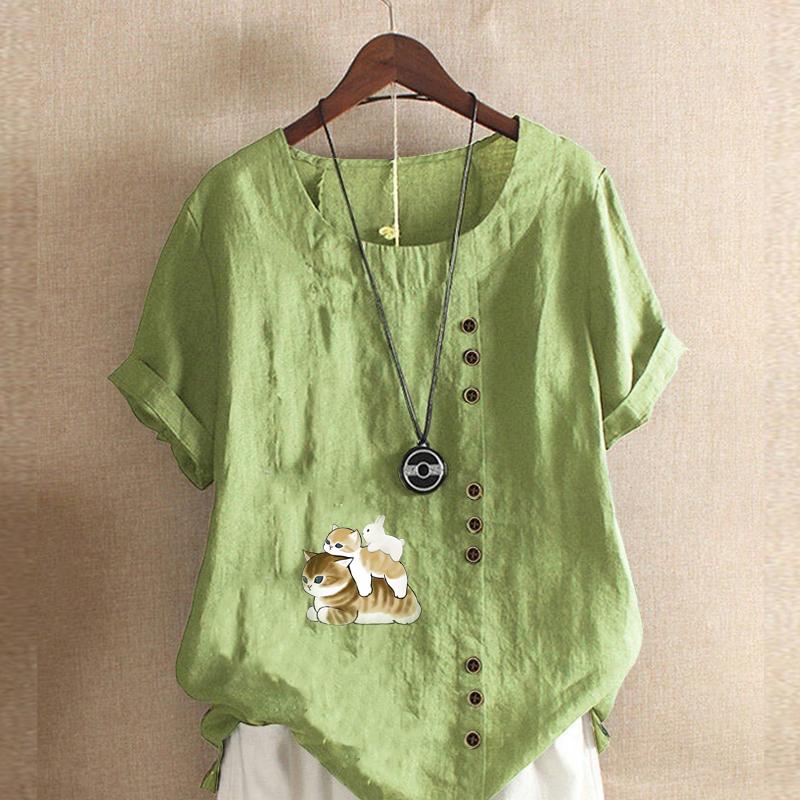 

Женская модная футболка с круглым вырезом и короткими рукавами с принтом кошек, повседневная хлопково-льняная рубашка с рисунком, свободная летняя блузка для отдыха, топы 5XL зелёный