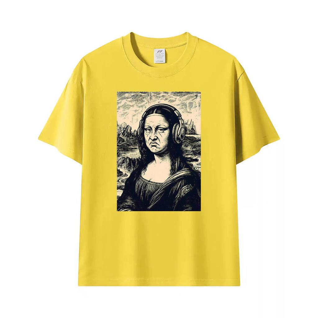 Vintage Mona Lisa Headphones Funny Disgust Face Parody Art T Shirts Unisex Unisex Casual Cotton Fashion T Shirt Short Sleeve Tshirt