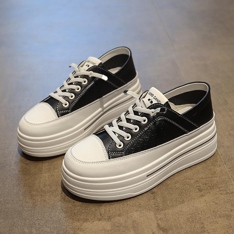 Thick-soled Little White Shoes for Women's New Spring Models, One Pedal, Inner Height Increase, Shallow Mouth Soft Leather, Two Wear Light