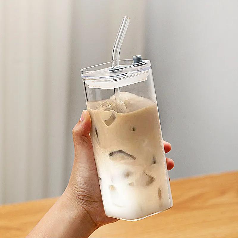 Square Heat Resistant Transparent Coffee Glass Mug Milk Tea Juice Glass Water Cup with Lid and Straw Coffee Cup Drink Mug