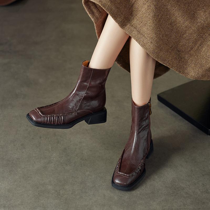 Fashion 2024 Autumn Women Boots Square Toe Chunky Heels Women Shoes Winter Ankle Boots Chelsea Genuine Leather Pleated Modern Boots