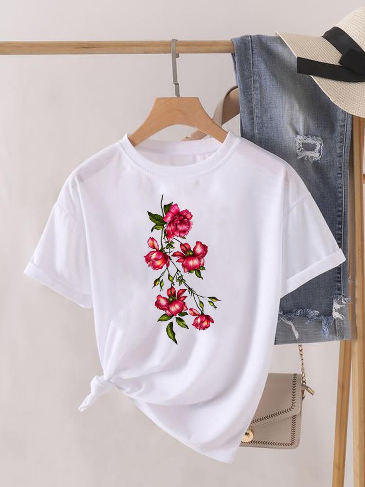Kwiatek Słodki Trend lat 90. Uroczy Krótki Rękaw Nadruk Moda Graficzny T-shirt Kobiety Top Pani Damska Koszulka Tee Okrągły Dekolt Odzież Ubrania