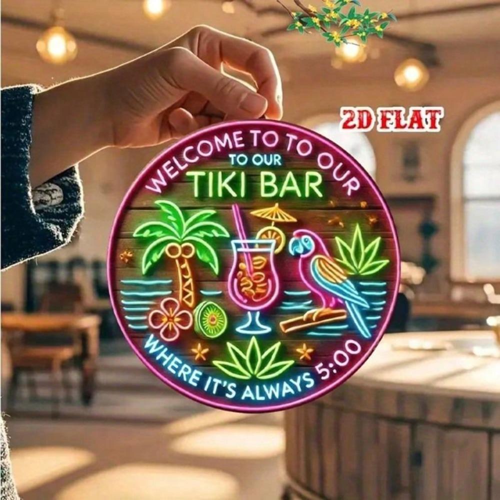 Tiki Bar Welcome Round Metal Wall Art Vintage Tin Sign Retro Pub Decor