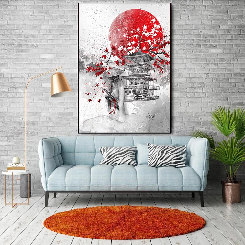 Japanese Zen Ink Painting Art Posters Canvas Paintings Samurai Moon Koi Maid Kanji Wall Art Prints Decoration Kawaii Room Decor