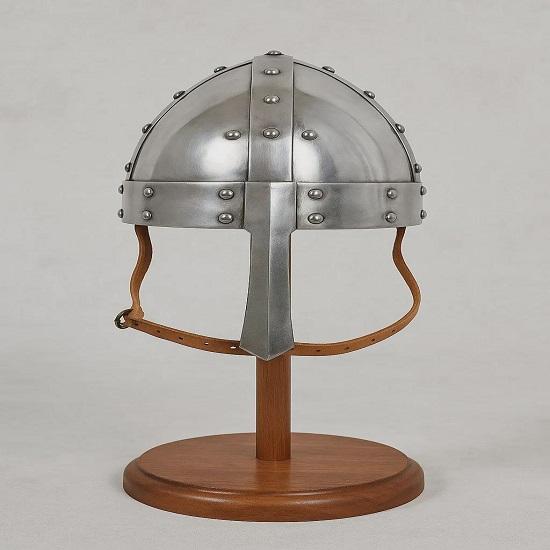 Medieval Steel Norman Nasal Viking Helmet on Wooden Stand Viking Conical Helmet with Leather Chinstrap Historical Armor Display