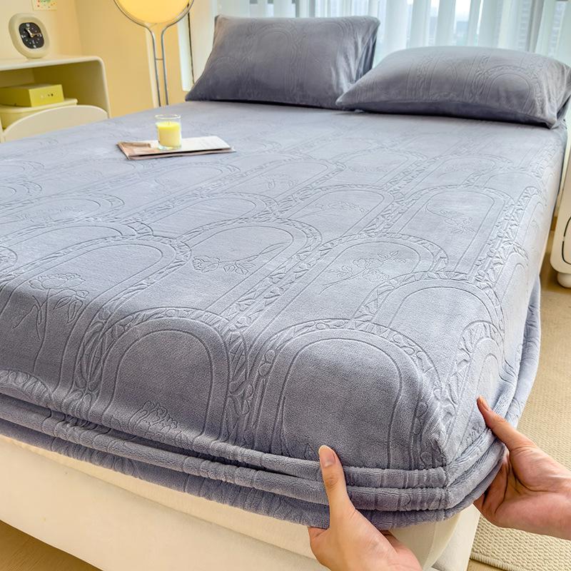 Winter thickened small fresh carved milk fleece fitted sheet flange coral fleece mattress protective cover