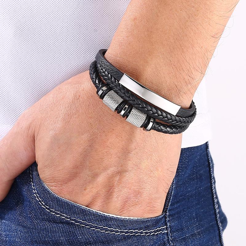 Men's Multi-layer Woven Leather Punk Bracelet with Stainless Steel Hip Hop Accents