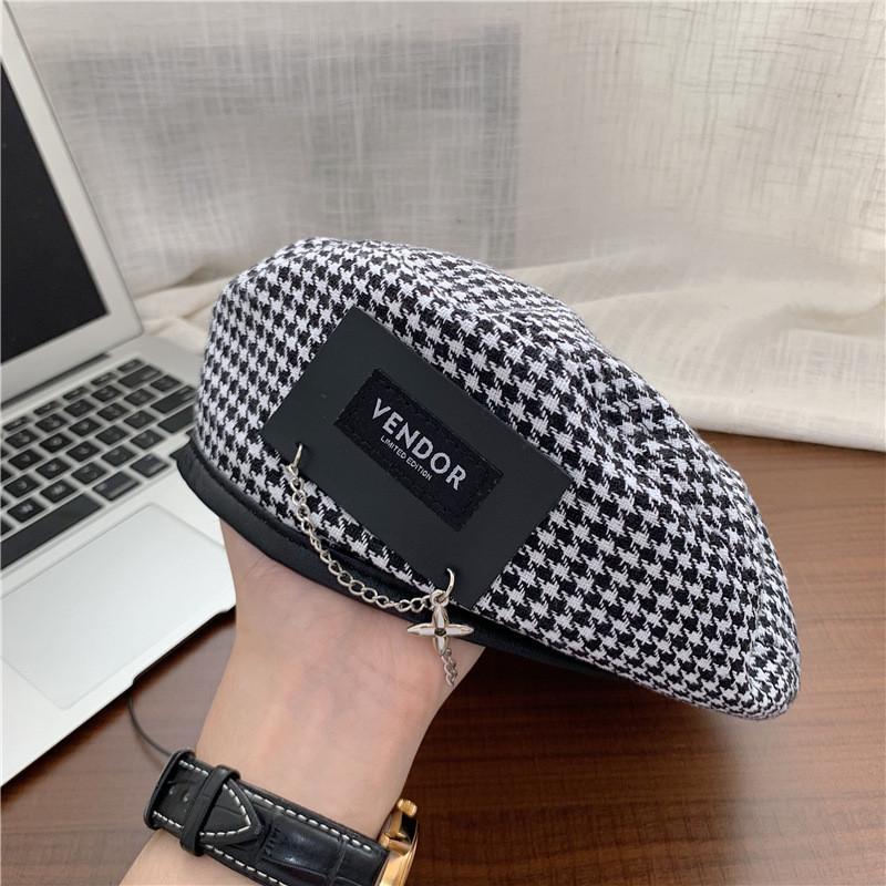 Stylish Houndstooth Japanese Beret Hat For Women With Unique Metal Patch