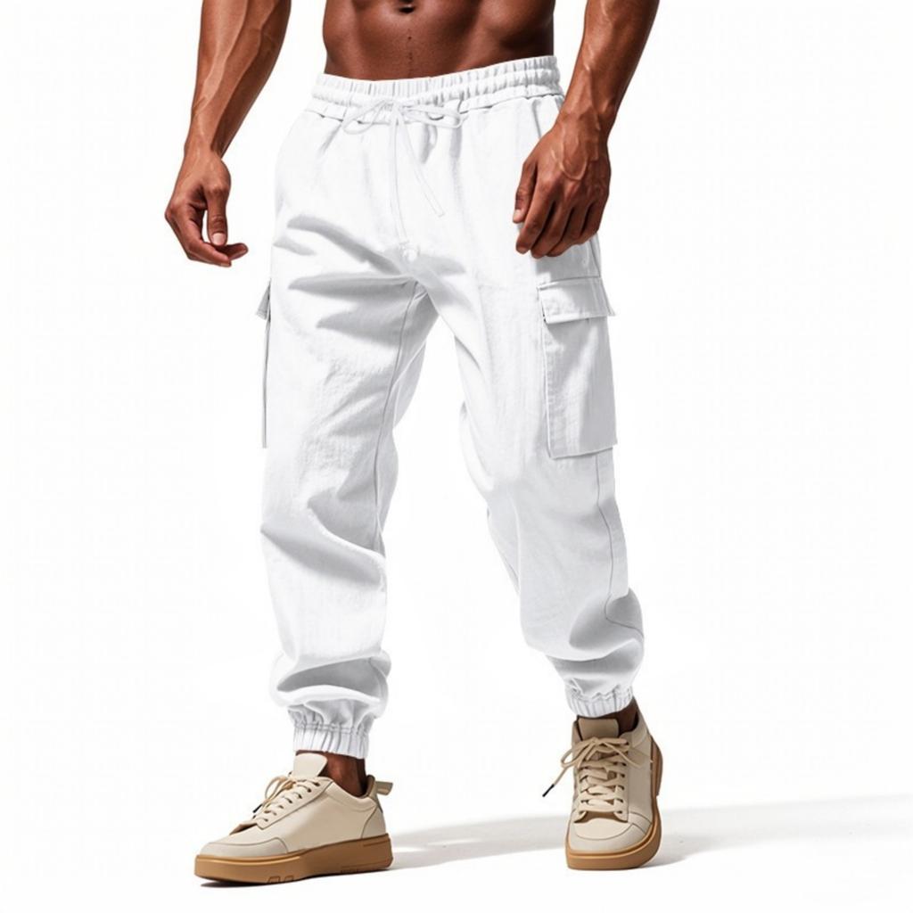 Men Linen Jogger Pants Relaxed Fit Outdoor Cargo Trousers Elastic Waist Drawstring Cuffed Hem Lightweight Casual Bottoms