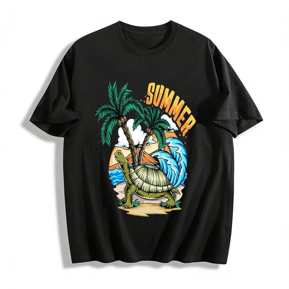 

Summer Sea Turtle Coconut Tree Print Casual Short Sleeve T-Shirt Pure cotton T-shirt XXS