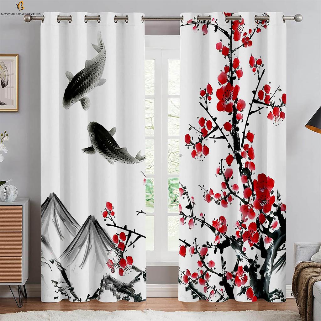 2 Pieces Of Retro Ink Peach Blossom Black And White Print Curtains Bedroom Living Room Study Decorative Curtains