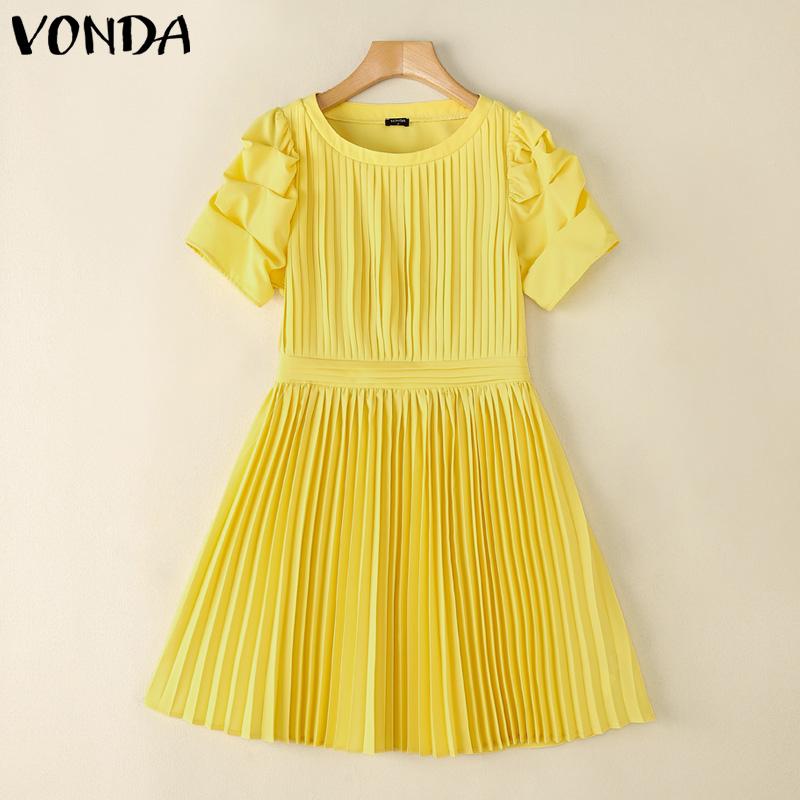 

VONDA Women Short Sleeve Elastic Waist Ruffled Casual Pleated Mini Dress S жовтий