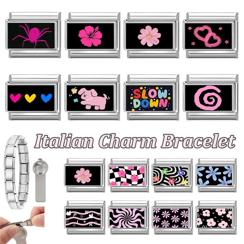 Schönes schwarzes Druckdesign Hase Katze Hund Blumen Herz Y2K Italienischer Charms Glieder Passend für 9mm Edelstahlarmband DIY Herstellung