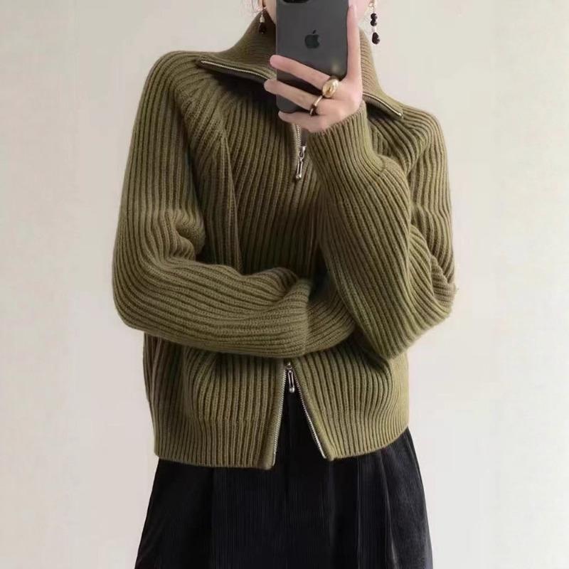 Lapel Double Zipper Sweater Jacket for Women's Autumn and Winter New Gentle Wind Soft Waxy Stand-up Neck Knitted Cardigan Top for Women