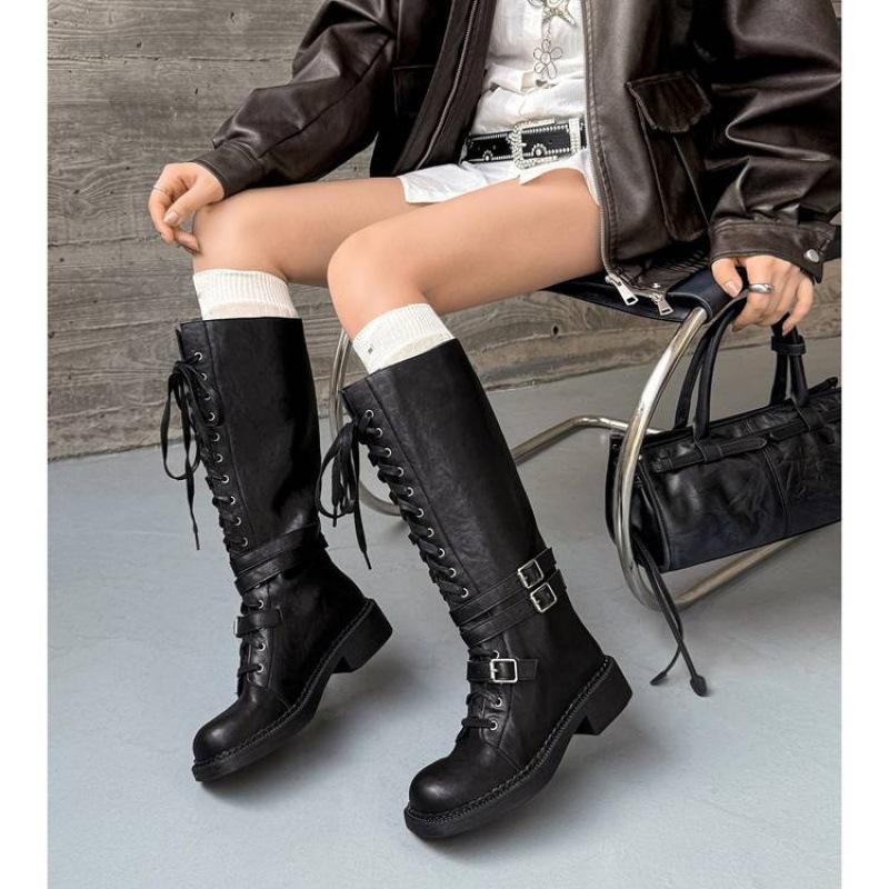 Herbst- und Winter Damen Leder Ritterstiefel dicksohlige rutschfeste Gummisohle Schnürung mittlerer Absatz Übergröße Damenstiefel neue hohe Stiefel
