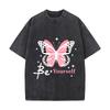 Pink Black Butterfly Yourself Inspirational Graphic Washed Distressed Loose Streetwear Tops for City Walks