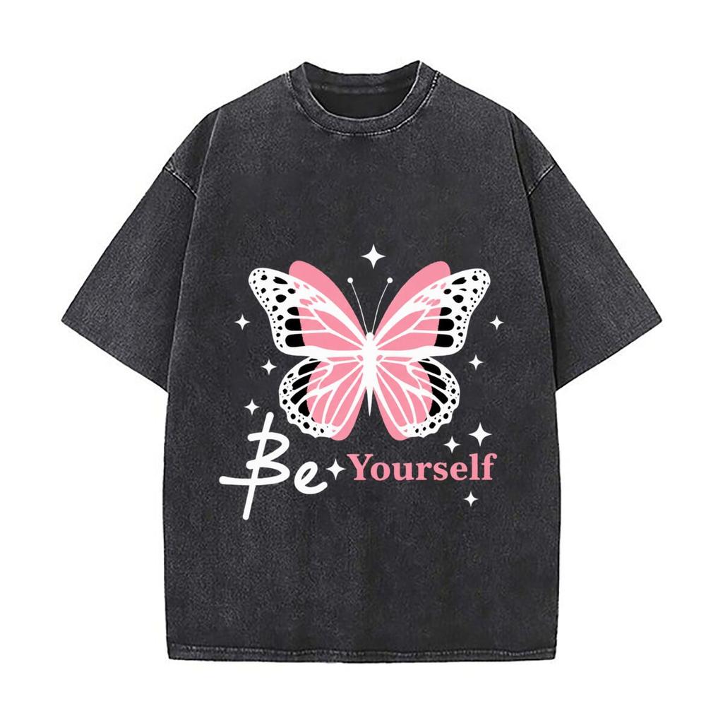 Pink Black Butterfly Yourself Inspirational Graphic Washed Distressed Loose Streetwear Tops for City Walks