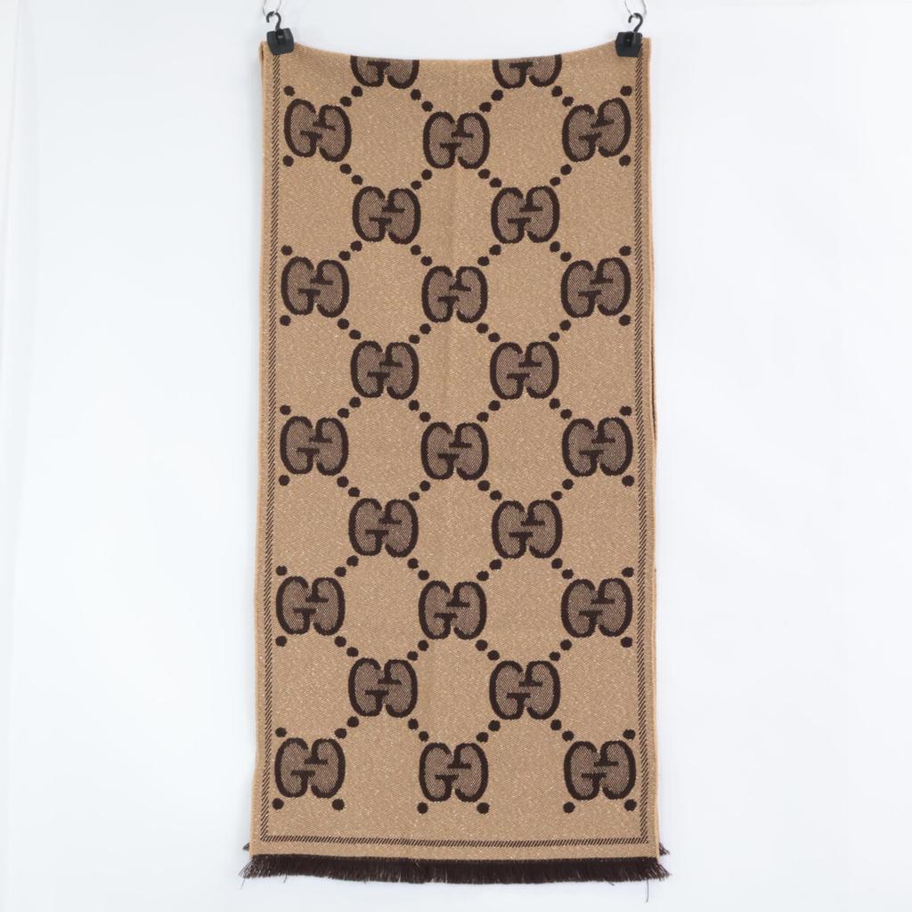 GUCCI [Excellent Condition] 598993 3GC15 GG Glitter Jacquard Fringe Scarf 45 x 76.8" Beige / dark brownUsed
