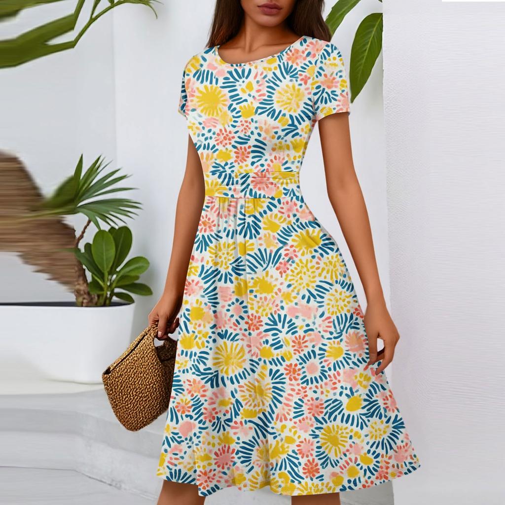 Women's Casual Fashion Round Neck Pleated Short Sleeve Floral Print A-Line Midi Dress
