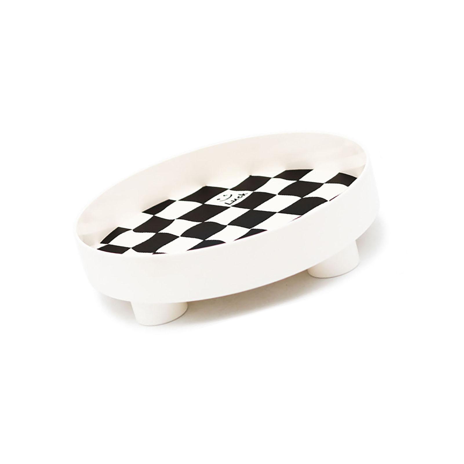 

Round Storage Organizer Tray Checkerboard Design Plate Container Tray for Fruit Perfume Jewelry White, Small