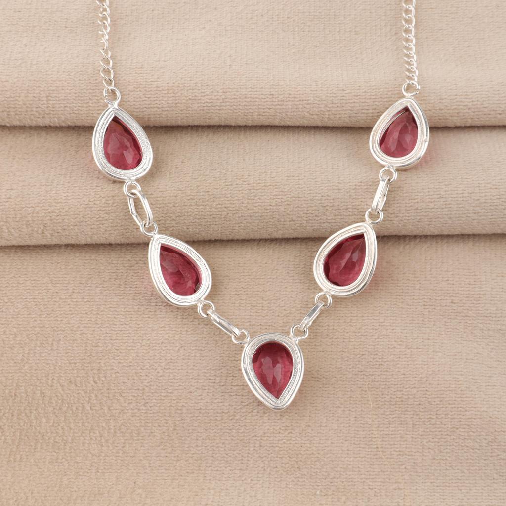 Rosa Turmalin Edelstein Silber Halskette 925 Sterlingsilber Handgefertigte Halskette für Frauen Geburtstagsgeschenk RN-1-5