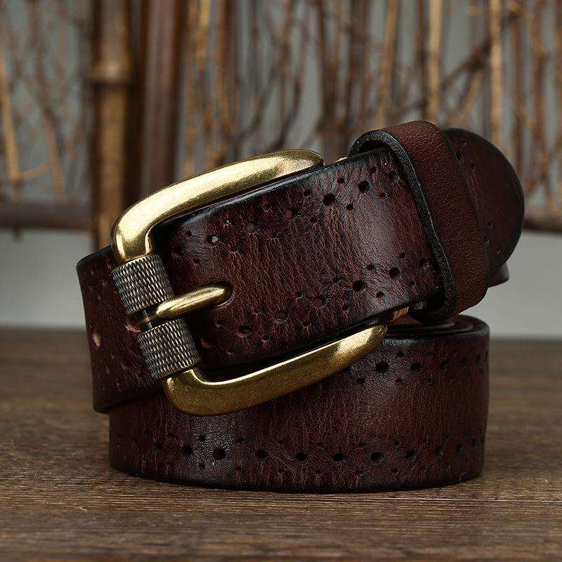 Retro Fashion Personality Trend Hollow First Layer Cowhide Needle Buckle Belt Men'S Genuine Leather Jeans Belt
