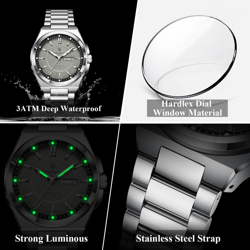 POEDAGAR Fashion Men Wristwatch Stainless Steel Waterproof Luminous Man Clock Date Week Quartz Business Men's Watches Male Reloj