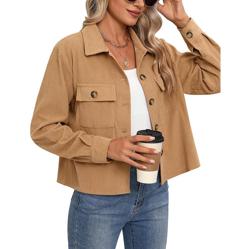 Autumn Women Fashion Casual Coat Button Down Tops Solid Turn-down Collar Long Sleeve Office Lady Crop Jackets