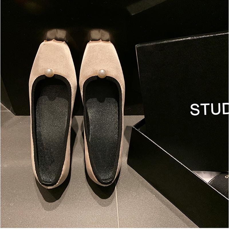 Grape Mother Studiee New Satin Pearl Square Head Temperament Versatile Shallow Mouth Ballet Flat Shoes Women