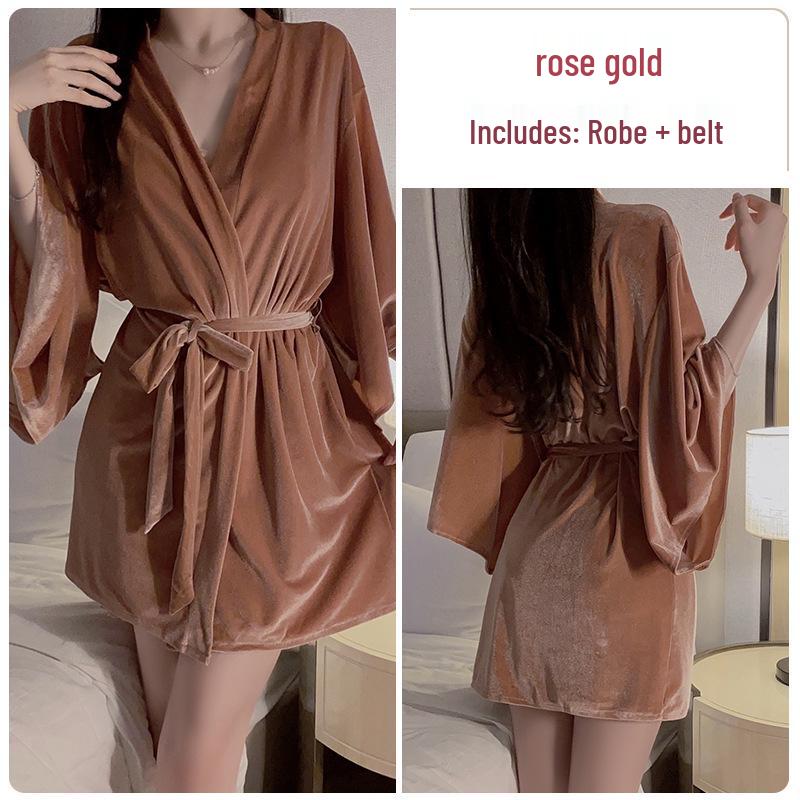 Gorgeous Lace See-Through Deep V Velvet Nightgown & Robe Set with Padding - Sweet Temptation 3908
