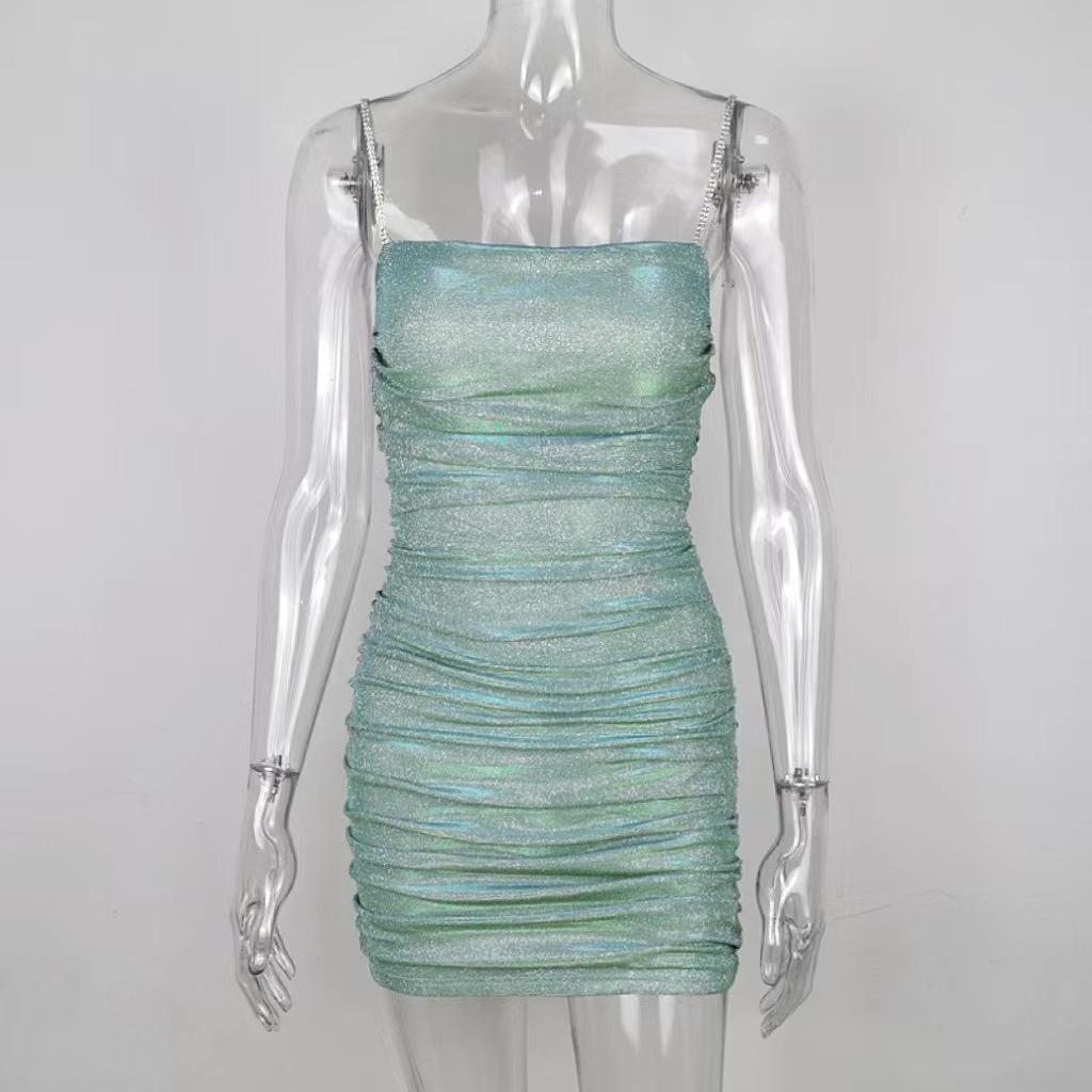 Sparkling Strapless Rhinestone Pleated Spaghetti Strap Bodycon Dress - Slim Fit & Off-Shoulder Style