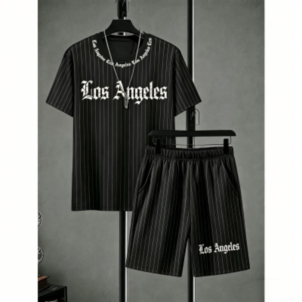 Men's Set Stripe Printed Men's T-shirt and Shorts 2 Piece Set Summer Casual Outdoor Men's and Women's T-shirt Sets