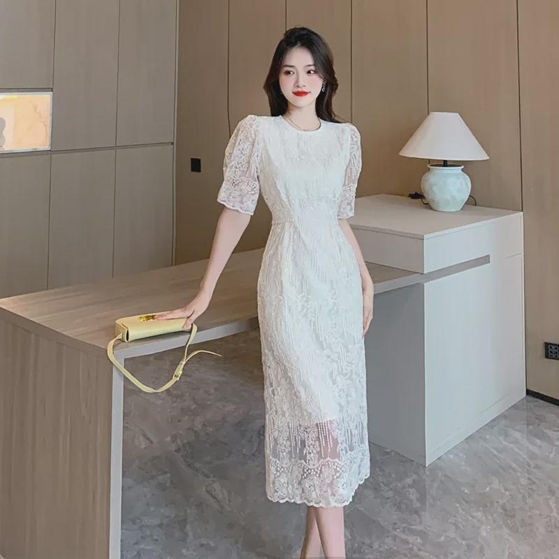 2025 Summer Korean Puff Sleeve Midi Dress with French Lace