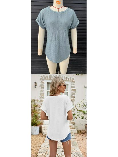 Women's Eyelet Summer Round Neck Short Sleeve Casual T-shirt