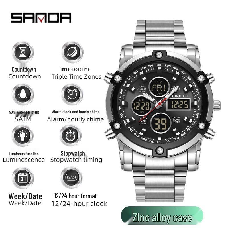 Sanda Tide Men's Dual Display Chronograph Watch: Cool Steel Band, Large Screen, Multifunctional, Waterproof, with Alarm Clock.