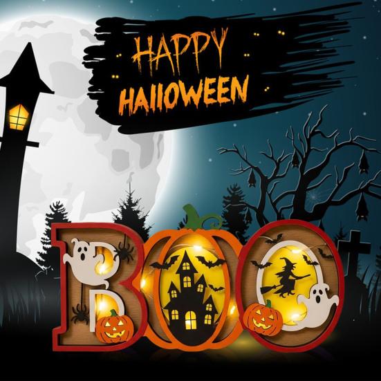 Halloween Night Light Wooden Light-up Boo Ornament Pumpkin Ghost Castle Table Decoration with Lights for Home Mantel Dining Table