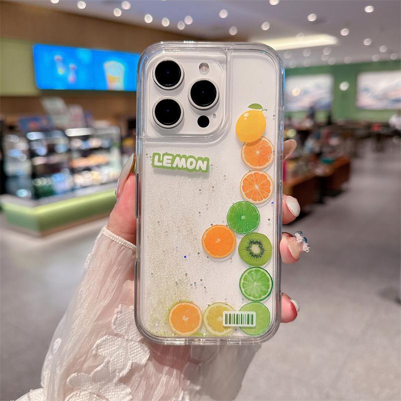 Lemon Quicksand Case Shell for iPhone 16 Pro Phone Cases iPhones 16 15 Pro Max Back Cover Glitter Moving Sand Funda Liquid Coque iPhone 15