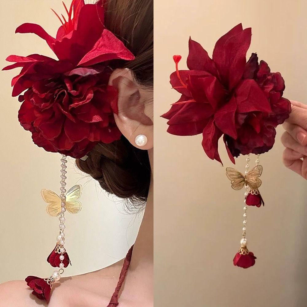 Elegant Design Flower Hairpin Pink Floral Headdress Tassel Hanfu Hair Accessories  Party Wear