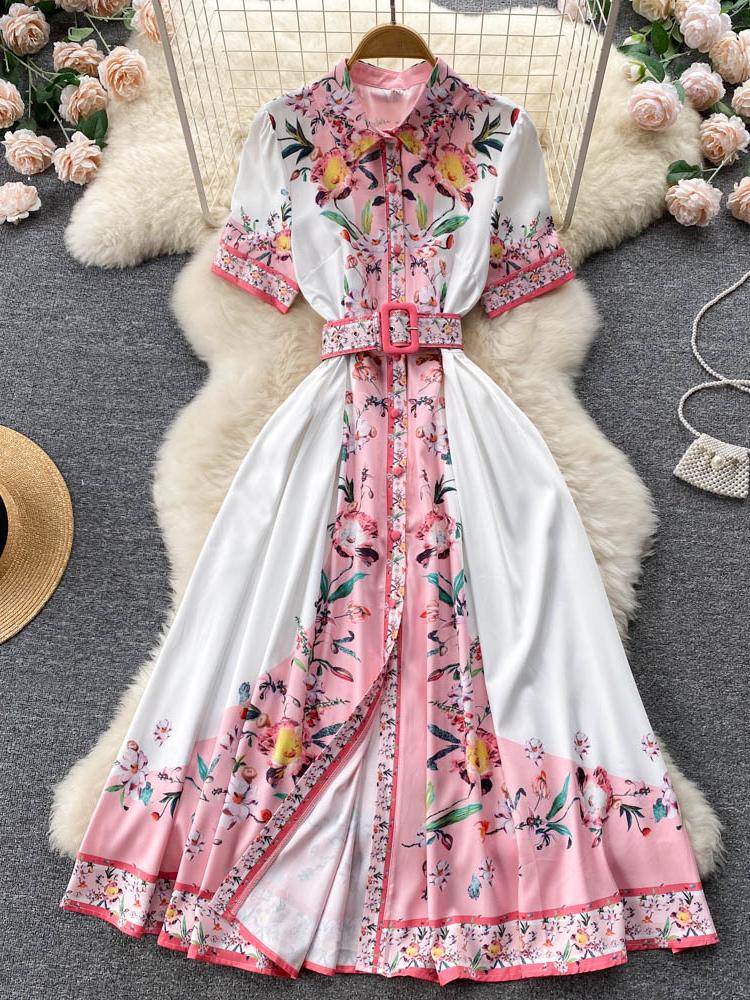 

Новое повседневное летнее тонкое женское платье с цветочным принтом и короткими пуговицами, шифоновое однобортное платье трапециевидной формы с отложным воротником
