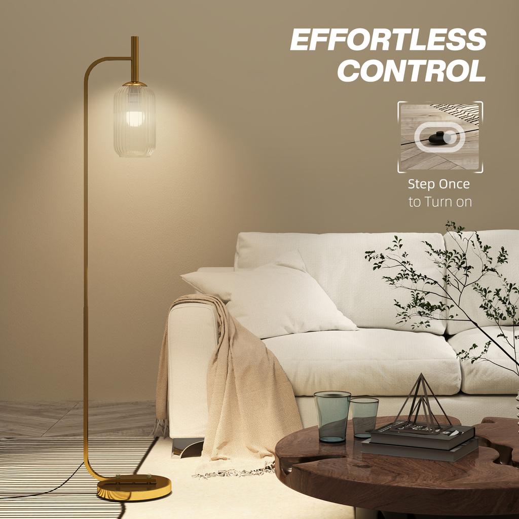 LED Floor Lamp for Living Room with Glass Lampshade, Modern Standing Lamp with Foot Switch, Adjustable Brightness, 2700K for Bedroom, Gold Tone