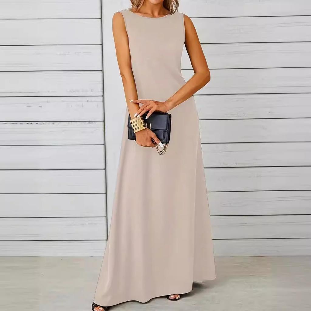 Spring and Summer Elegant and Pure-colored Round-neck Short-sleeved Resort-style Women's Dresses