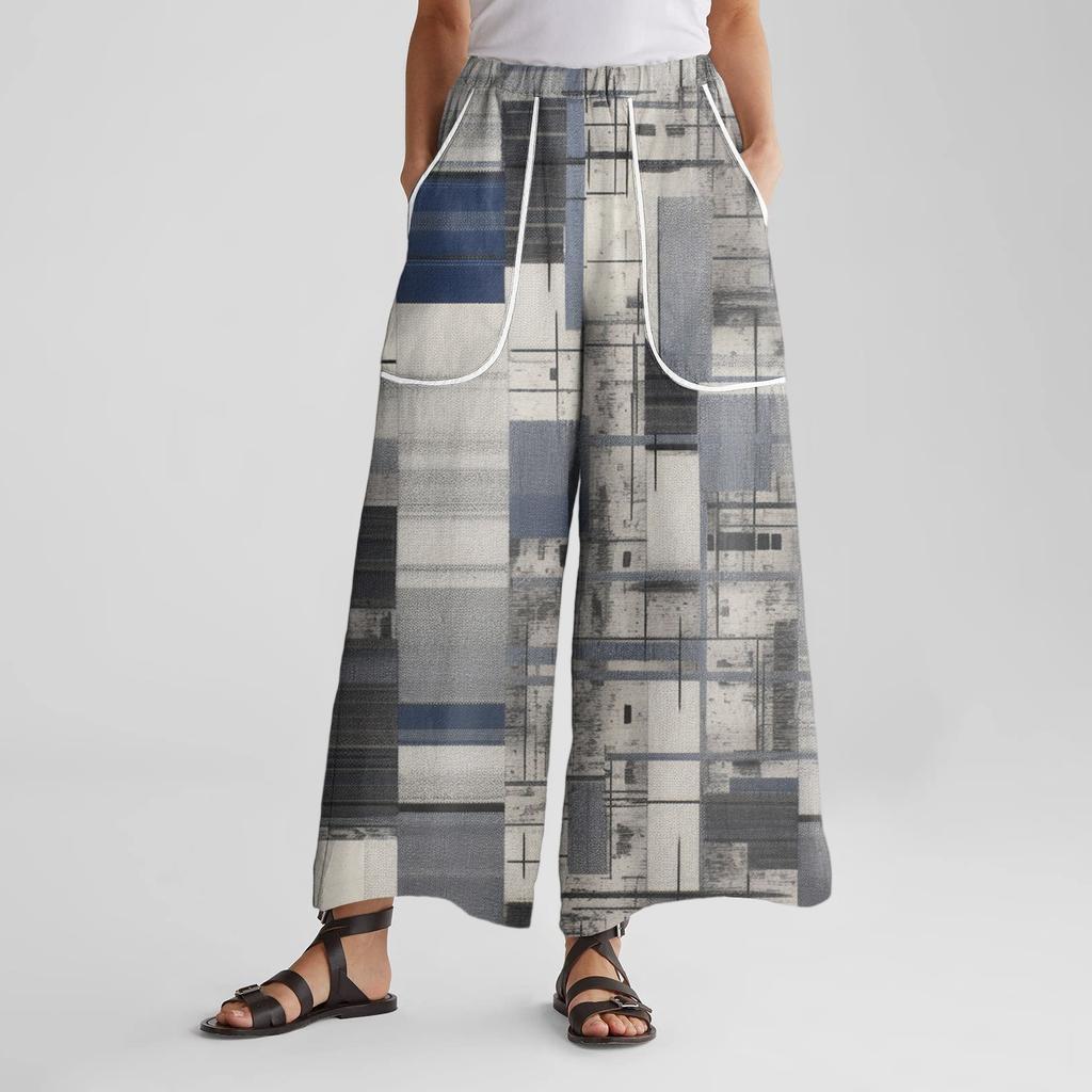 Women's Wide Leg Pants With Elastic Waistband, Retro Printed Large Pockets, Patchwork Loose Pants