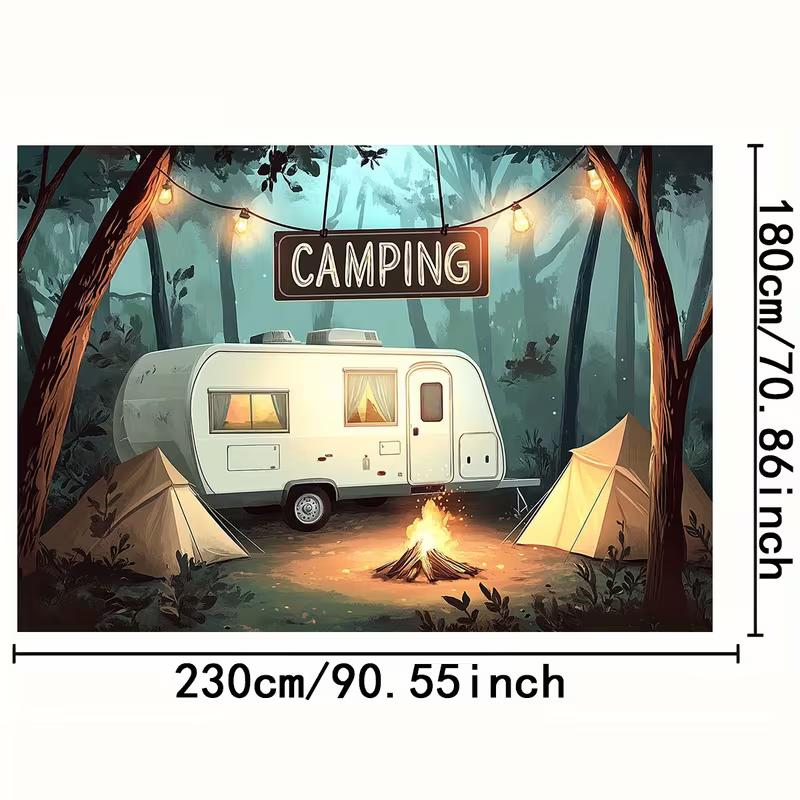 2D Summer Camp Backdrop, Retro RV Camper & String Lights Party Banner