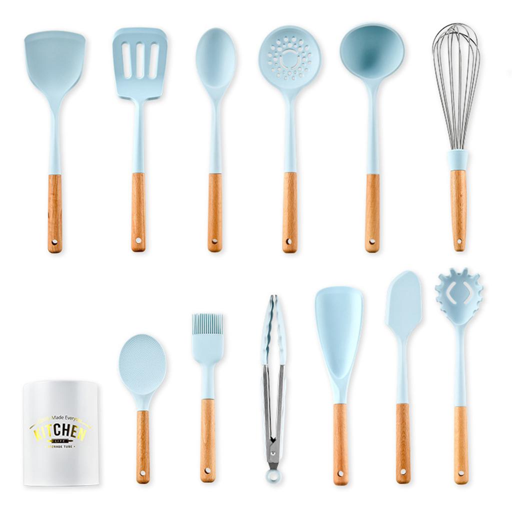 Blue Silicone Cooking Utensils Set Non-Stick Spatula Soup Spoon Eggbeater Food Clip Natural Wood Handle with Storage Box Kitchen Tools