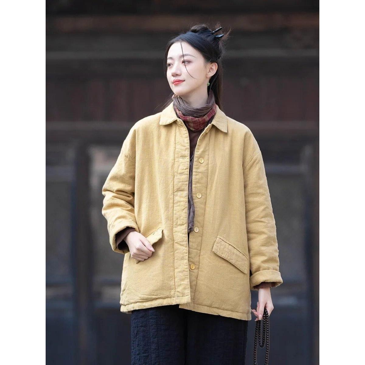 

Женские зимние парки в китайском стиле с отложным воротником на пуговицах, теплые пальто с карманами и длинными рукавами, хлопковые парки One Size светло-желтого