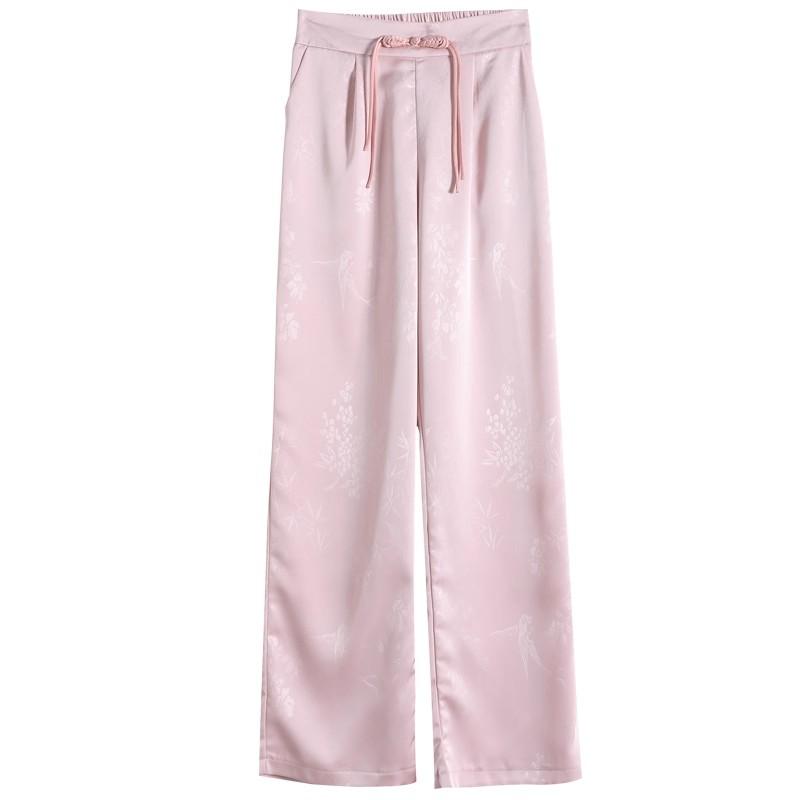 Women's Satin Jacquard Straight Leg Pants - Summer, High-End, Thin, New Chinese Style, Ice Silk, Narrow, Wide Leg.